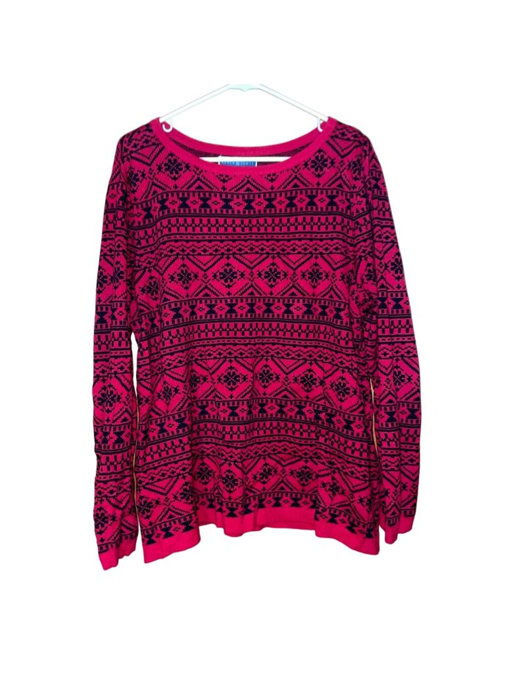 Karen Scott Womens XL Fair Isle Sweater 100% Cotton Red & Black Geometric Patter